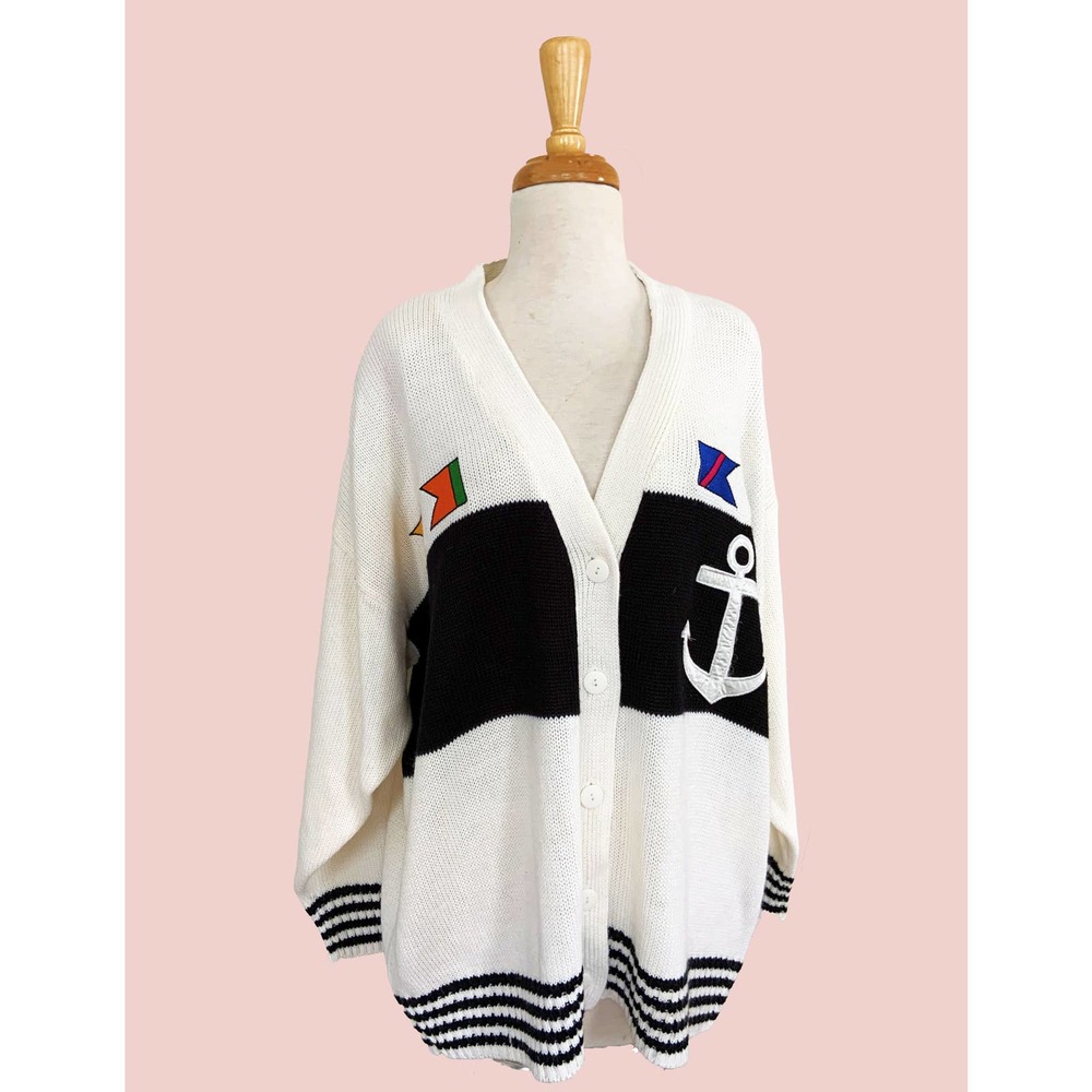 Vtg Original Venezia Cardigan Sweater Nautical White Knitted Long Sleeve 22/24